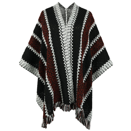 Damen Strickponcho mit V-Ausschnitt und Fransen EB