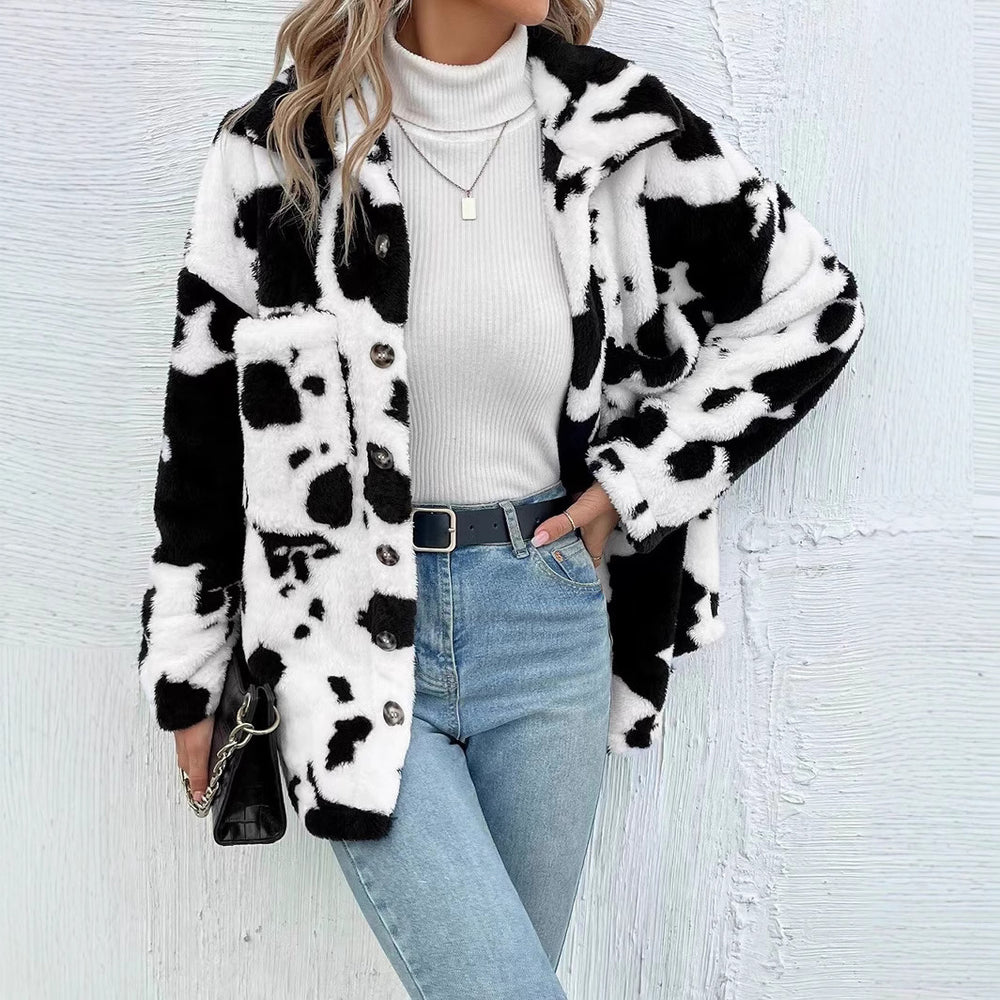 Damen Kuschelige Fleecejacke mit modischem Tierfellmuster EB