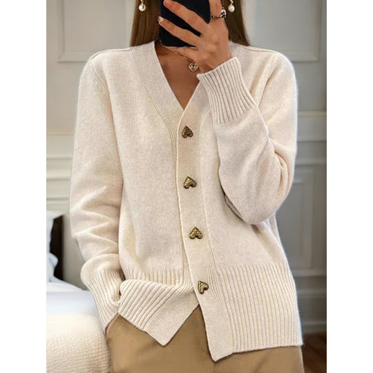 Damen kuschelige Strickjacke mit Herzknöpfen und V-Ausschnitt EB