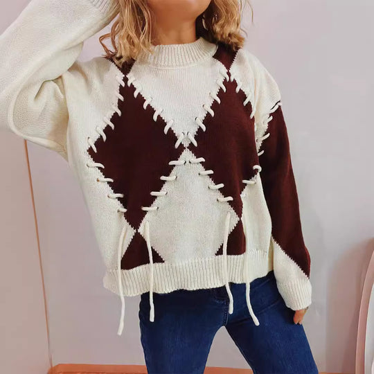 Damen gemütlicher Strickpullover mit auffälligem Design und modernen Schnürdetails EB