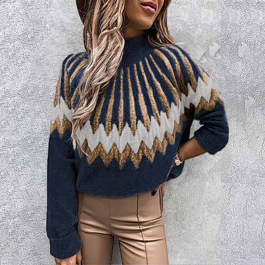 Damen Modischer Grobstrickpullover mit grafikintensivem Design und hohen Kragen EB