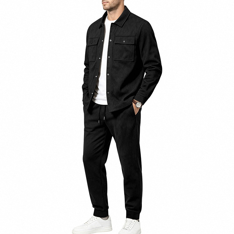 Herren nan Velours-Lounge-Set mit Overshirt, aufgesetzten Brusttaschen und tapered Jogginghose EB