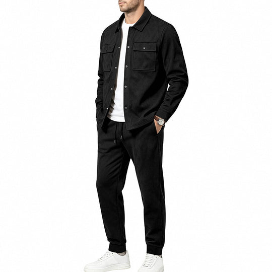 Herren nan Velours-Lounge-Set mit Overshirt, aufgesetzten Brusttaschen und tapered Jogginghose EB