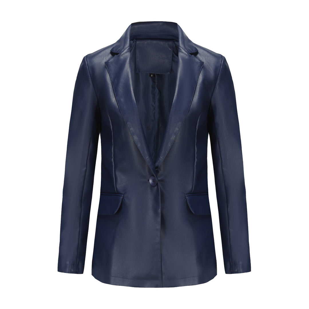 Damen nan taillierter Blazer aus Kunstleder mit Reverskragen und Pattentaschen EB