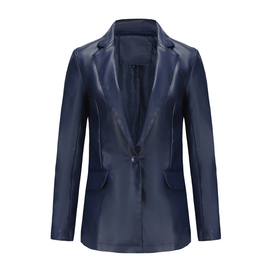Damen nan taillierter Blazer aus Kunstleder mit Reverskragen und Pattentaschen EB