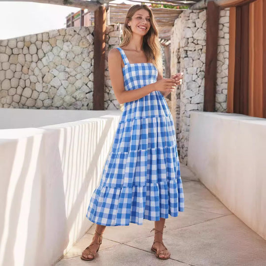 Damen Maxikleid mit kariertem Design und eleganter, fließender Schnittführung EB