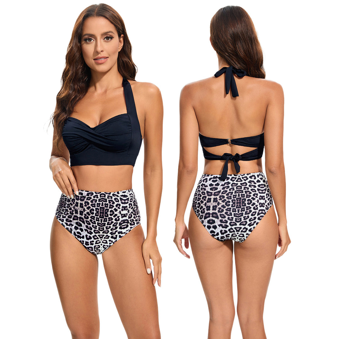 Damen Hochtailliertes Bikini-Set mit gepolstertem Top und Leopardendesign EB