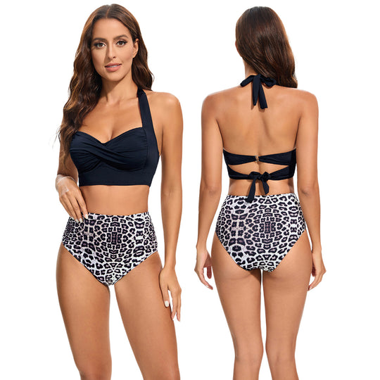 Damen Hochtailliertes Bikini-Set mit gepolstertem Top und Leopardendesign EB