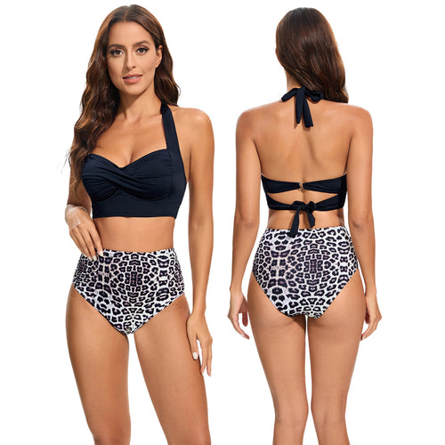 Damen Hochtailliertes Bikini-Set mit gepolstertem Top und Leopardendesign EB
