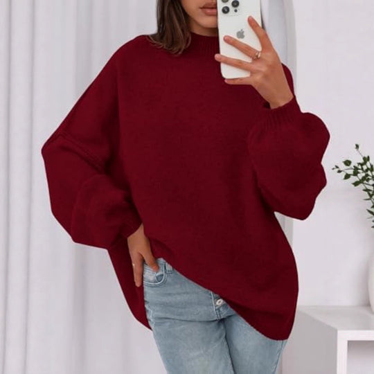 Damen Oversize-Strickpullover mit Stehkragen und Ballonärmeln EB