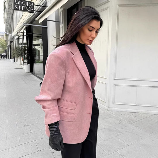 Damen Eleganter Oversized Blazer aus feinem Wildlederimitat EB