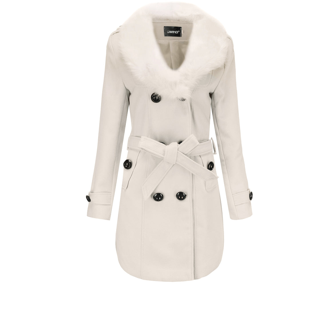 Damen eleganter Trenchcoat mit Kunstpelzkragen und Taillengürtel EB