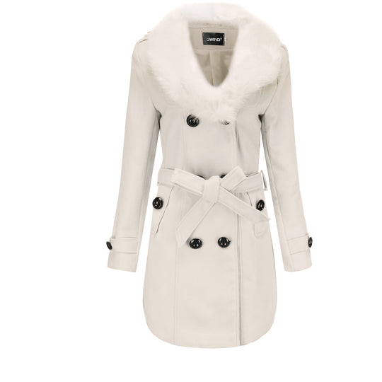 Damen eleganter Trenchcoat mit Kunstpelzkragen und Taillengürtel EB
