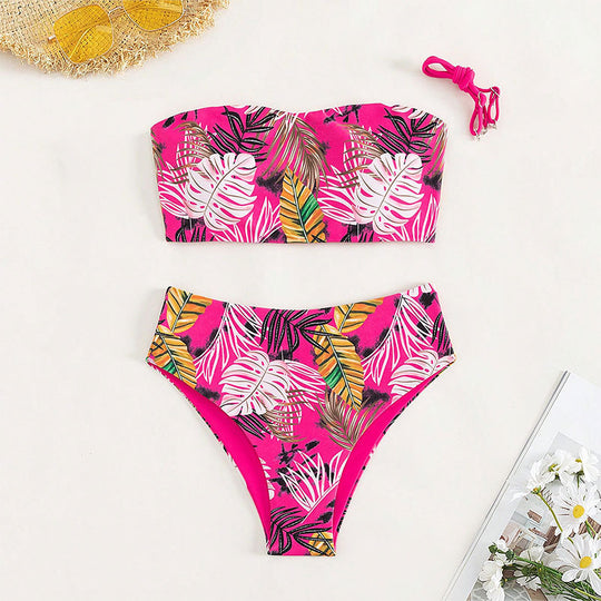 Damen Bandeau-Bikini mit lebhaftem Tropenmuster und hohem Taillenschnitt EB
