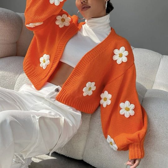 Damen Cropped-Cardigan aus Baumwollmix mit 3D-Blütenapplikationen EB