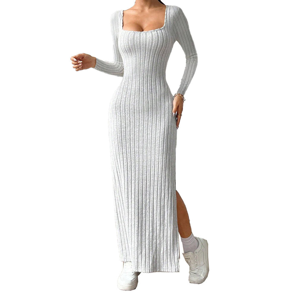 Damen figurbetontes geripptes Maxikleid mit quadratischem Ausschnitt und seitlichem Beinschlitz Eichborn Berlin