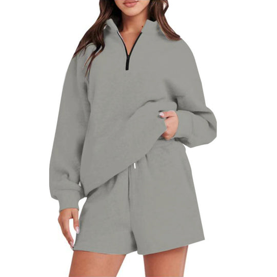 Damen bequemen Freizeit-Sweatanzug mit halbem Reißverschluss und Shorts EB