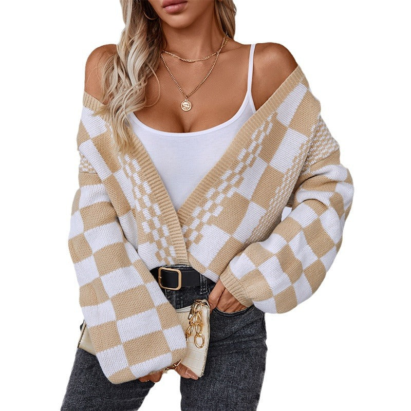 Damen lässige Strickjacke im modischen Karomuster EB
