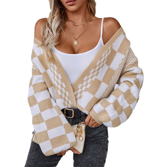 Damen lässige Strickjacke im modischen Karomuster EB