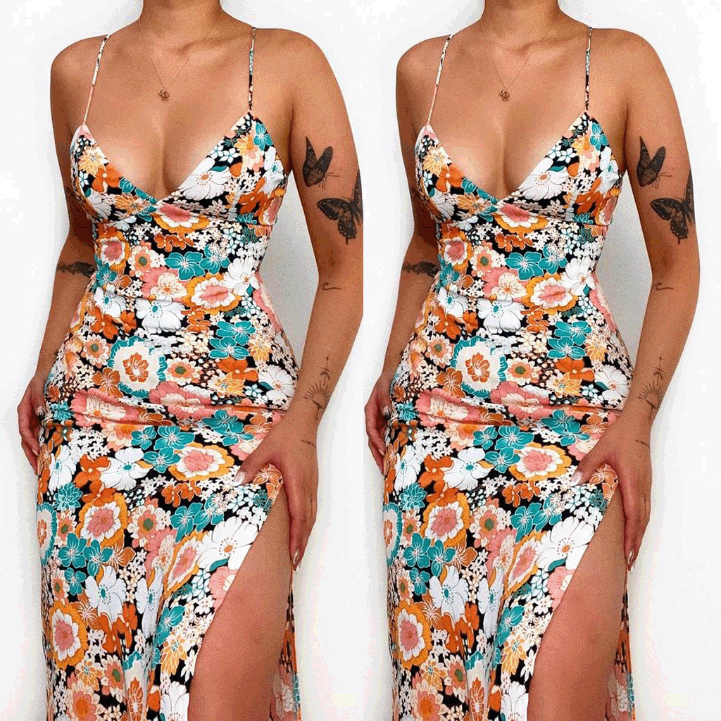 Damen Maxikleid mit tiefem V-Ausschnitt und seitlichem Schlitz EB