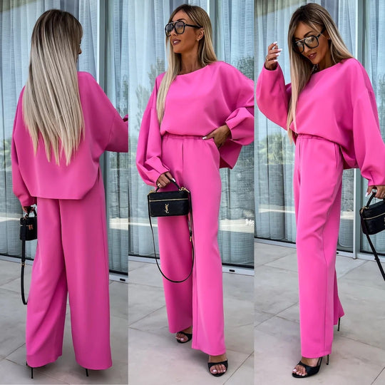 Damen elegantes Zweiteiliges Set mit oversize Bluse und weitem Hosen EB