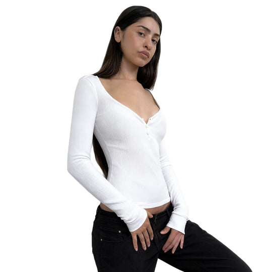 Damen nan figurbetontes geripptes Langarm-Henley-Top mit tiefem V-Ausschnitt und Knopfleiste EB