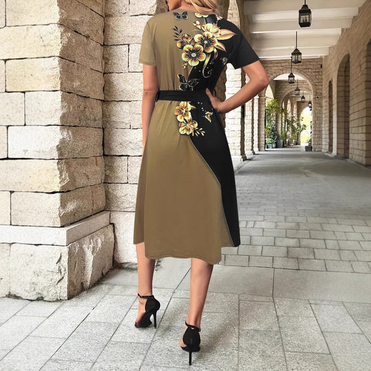 Damen Kleid mit floralem Design und seitlichem Gürtel EB