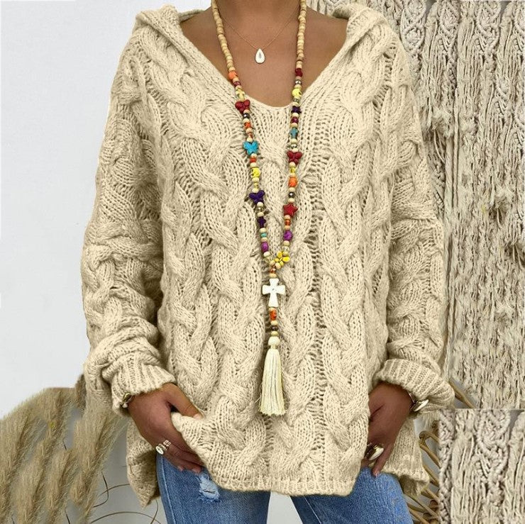Damen nan grob gestrickter Kapuzenpullover mit Zopfmuster und weitem Oversize-Schnitt EB
