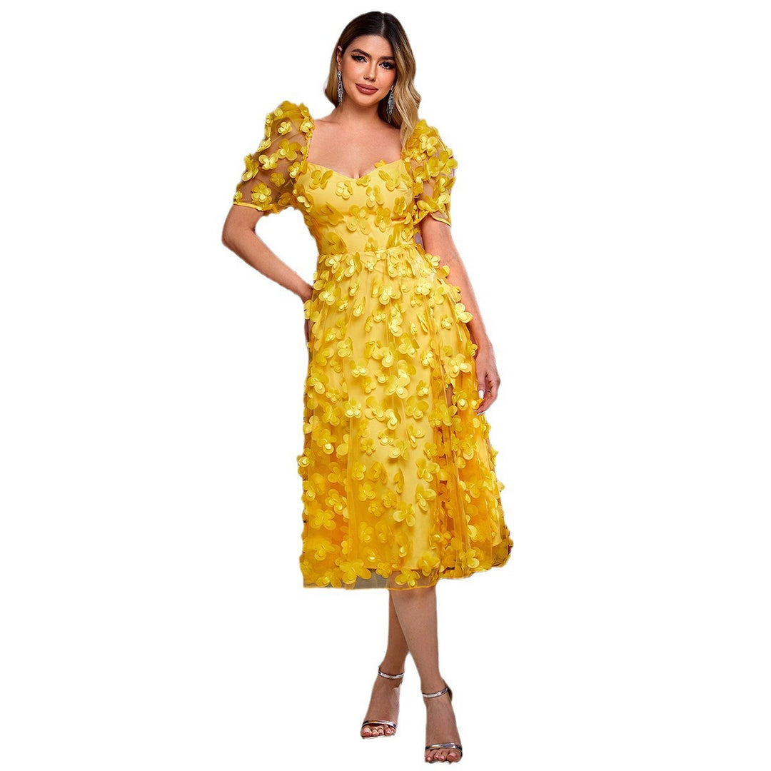 Damen Rüschenmaxikleid mit floralen Applikationen und Puffed-Ärmeln EB