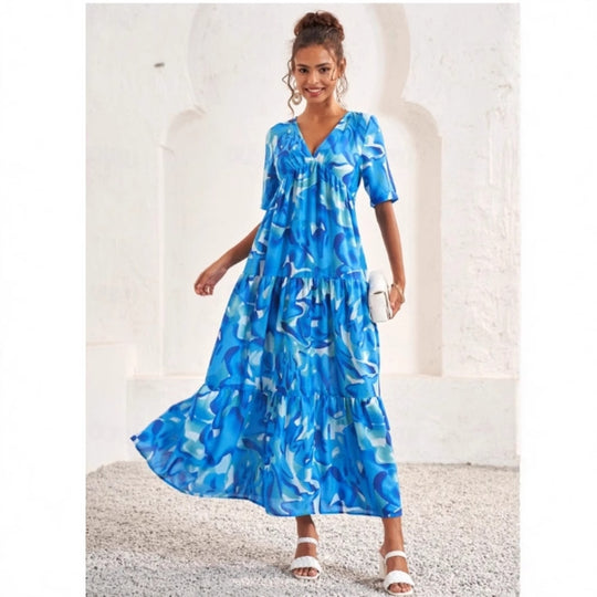 Damen Maxikleid mit voluminösen Rüschen und modischem V-Ausschnitt EB
