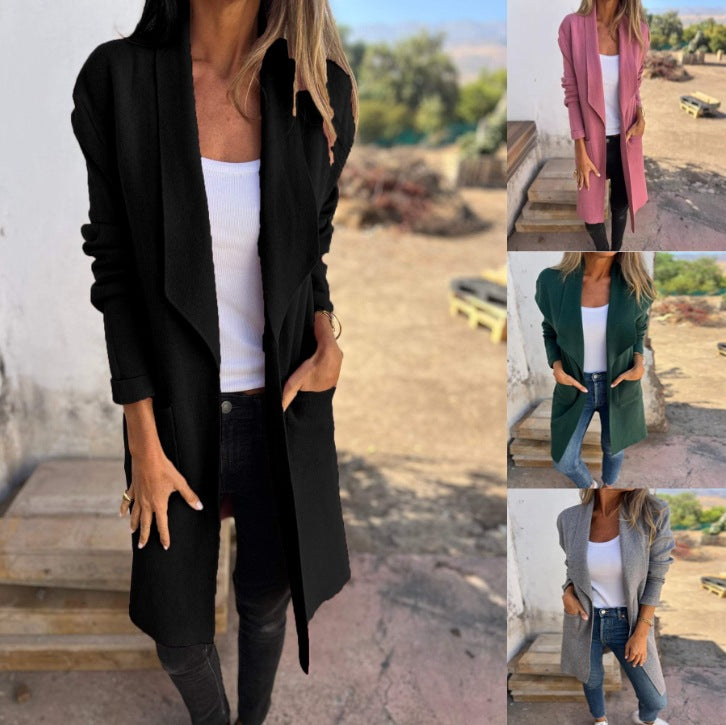 Damen Lässiger Oversize Mantel mit Offenem Kragen und Praktischen Taschen EB