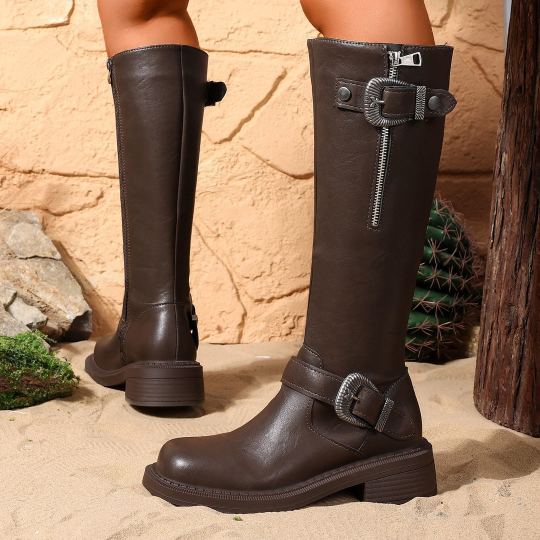 Damen Lange Stiefel mit modischem Gürtel und robustem Profil EB