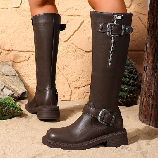 Damen Lange Stiefel mit modischem Gürtel und robustem Profil EB