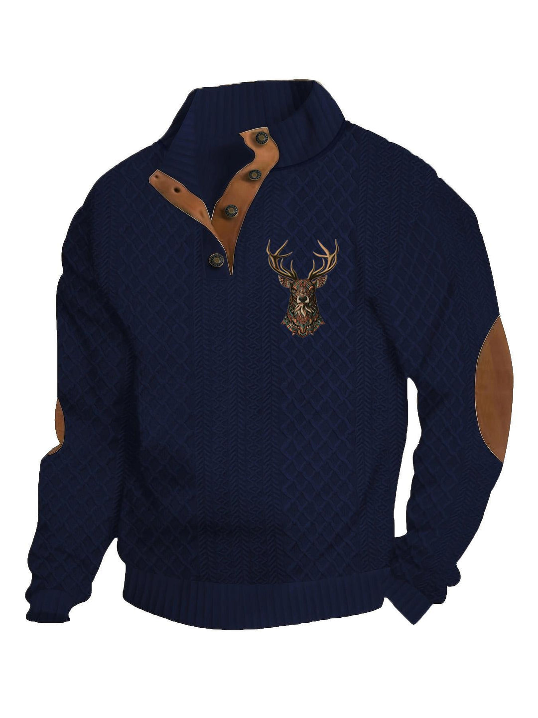 Herren nan Heritage-Strukturpullover mit Stehkragen Lederimitat-Besatz Ellenbogen-Patches und Halbknopfleiste EB