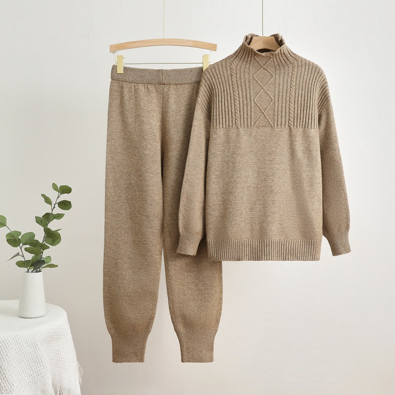 Damen gemütliches Strick-Loungewear-Set mit hohem Kragen und Rippstruktur EB