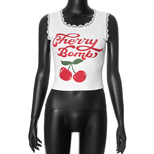 Damen lässiges Crop-Top mit charmantem Spitzenrand und fröhlichem Print EB