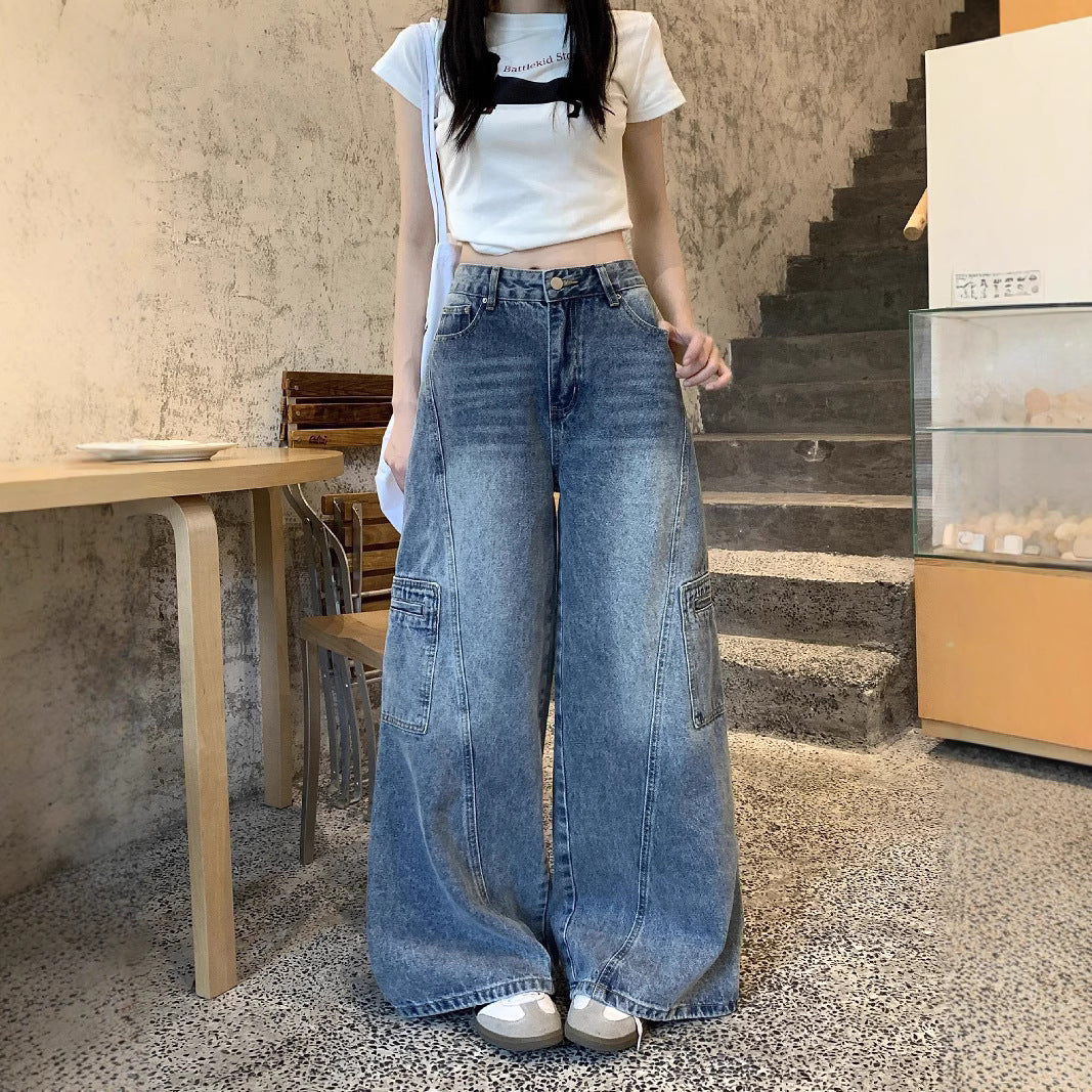 Damen Weite Jeanshose mit tiefem Schritt und praktischen Cargotaschen EB