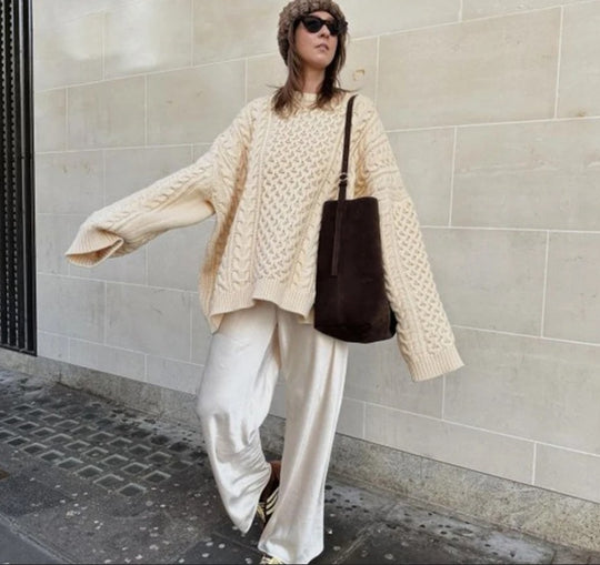 Damen oversize Strickpullover mit Zopfstrickmuster EB