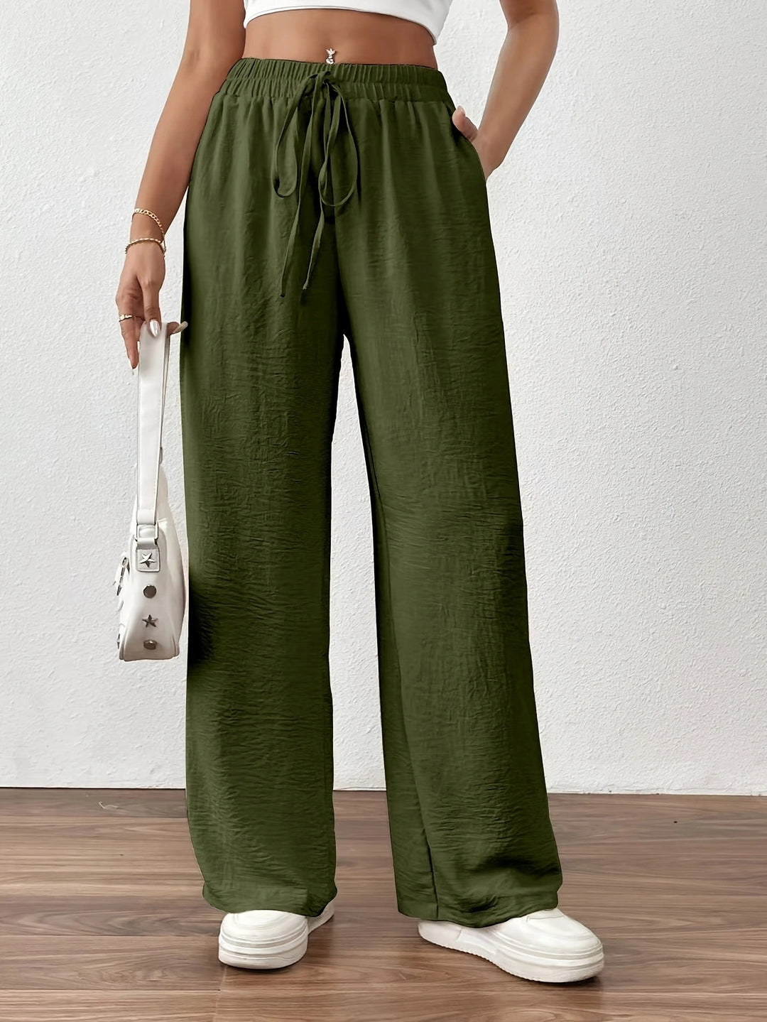 Damen Sommerliche Palazzo-Hose mit elastischem Bund und Bindegürtel EB