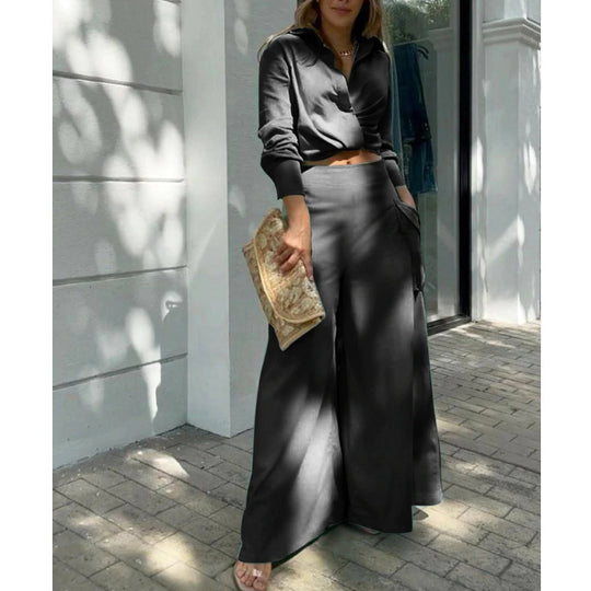 Damen Hochtaillierte weite Palazzo-Hose mit seitlicher Cargotasche und fließender Silhouette EB
