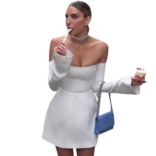 Damen Elegantes Mini-Kleid mit Off-Shoulder-Design und weiten Ärmeln EB
