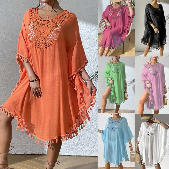 Damen Strandtunika mit elegantem Häkelmuster und fransigen Details EB