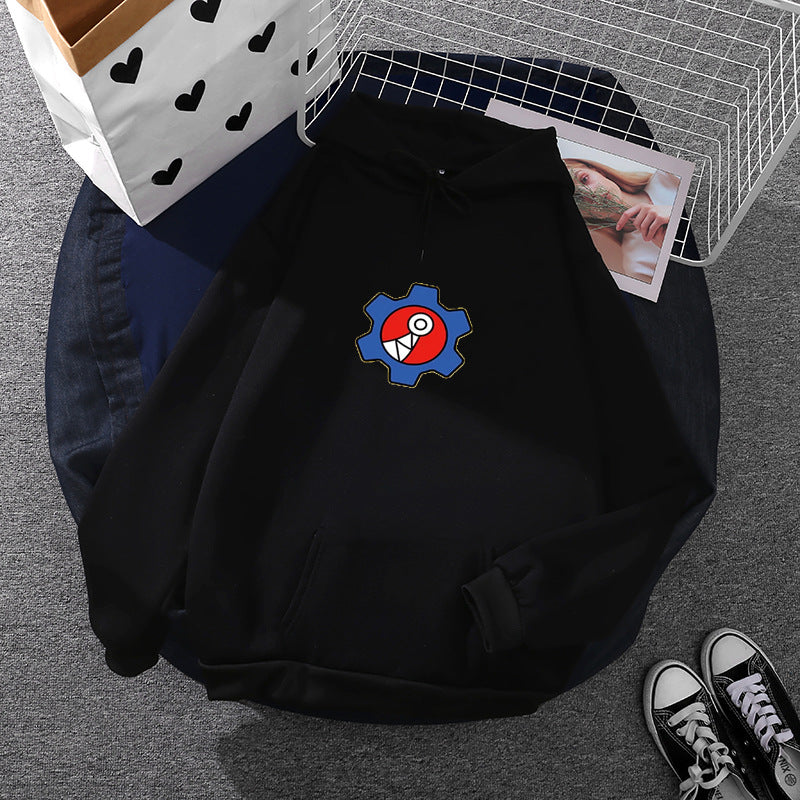 Damen nan oversized Fleece-Kapuzenpullover mit weicher Innenseite, Kängurutasche und appliziertem Zahnrad-Comic-Motiv EB