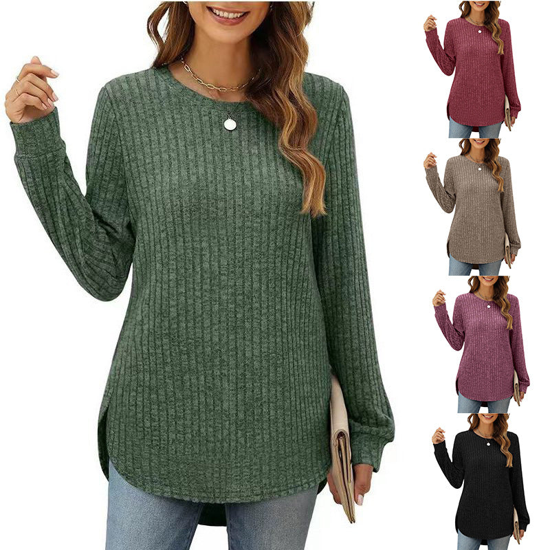 Damen Bequemer Ripp-Pullover mit seitlichen Schlitzen und Rundhals EB