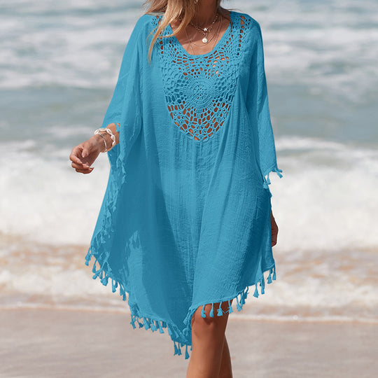 Damen Häkel-Strandüberwurf mit fransigem Saum und elegantem Lochmuster EB