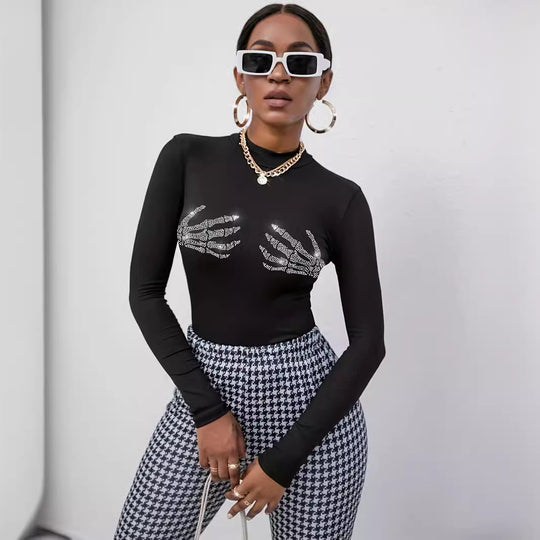 Damen nan figurbetontes transparentes Netz-Langarmshirt mit hohem Kragen und Strass-Skelettmotiv EB