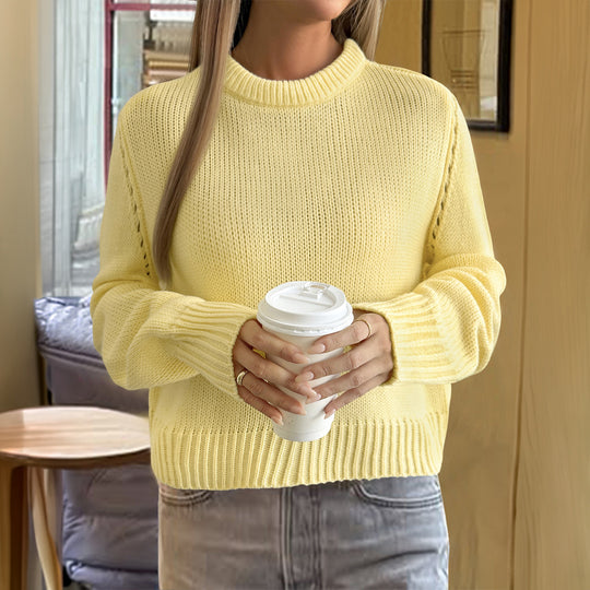 Damen nan gestrickter Feinstrick-Pullover mit Rundhalsausschnitt, leichter Oversize-Passform und gerippten Bündchen EB