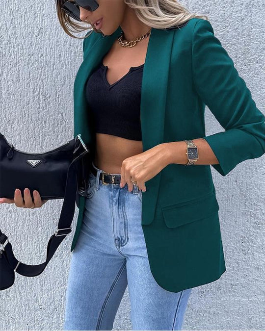Damen Kariierter Longblazer mit legerer Passform, aufgesetzten Taschen und Dreiviertelärmeln EB