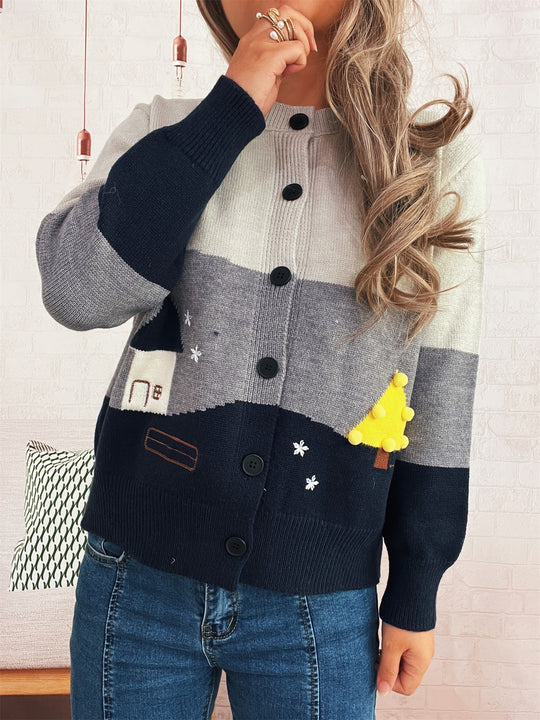 Damen Strickjacke mit festlichem Motiv und Knopfdetails EB