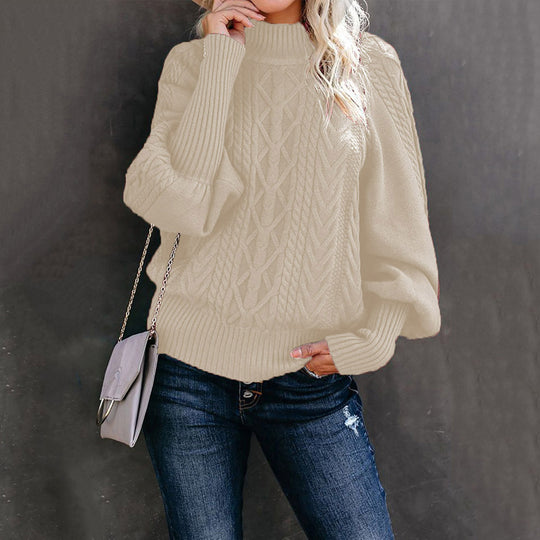 Damen modischer Strickpullover mit hochgeschlossenem Kragen und voluminösen Ärmeln EB